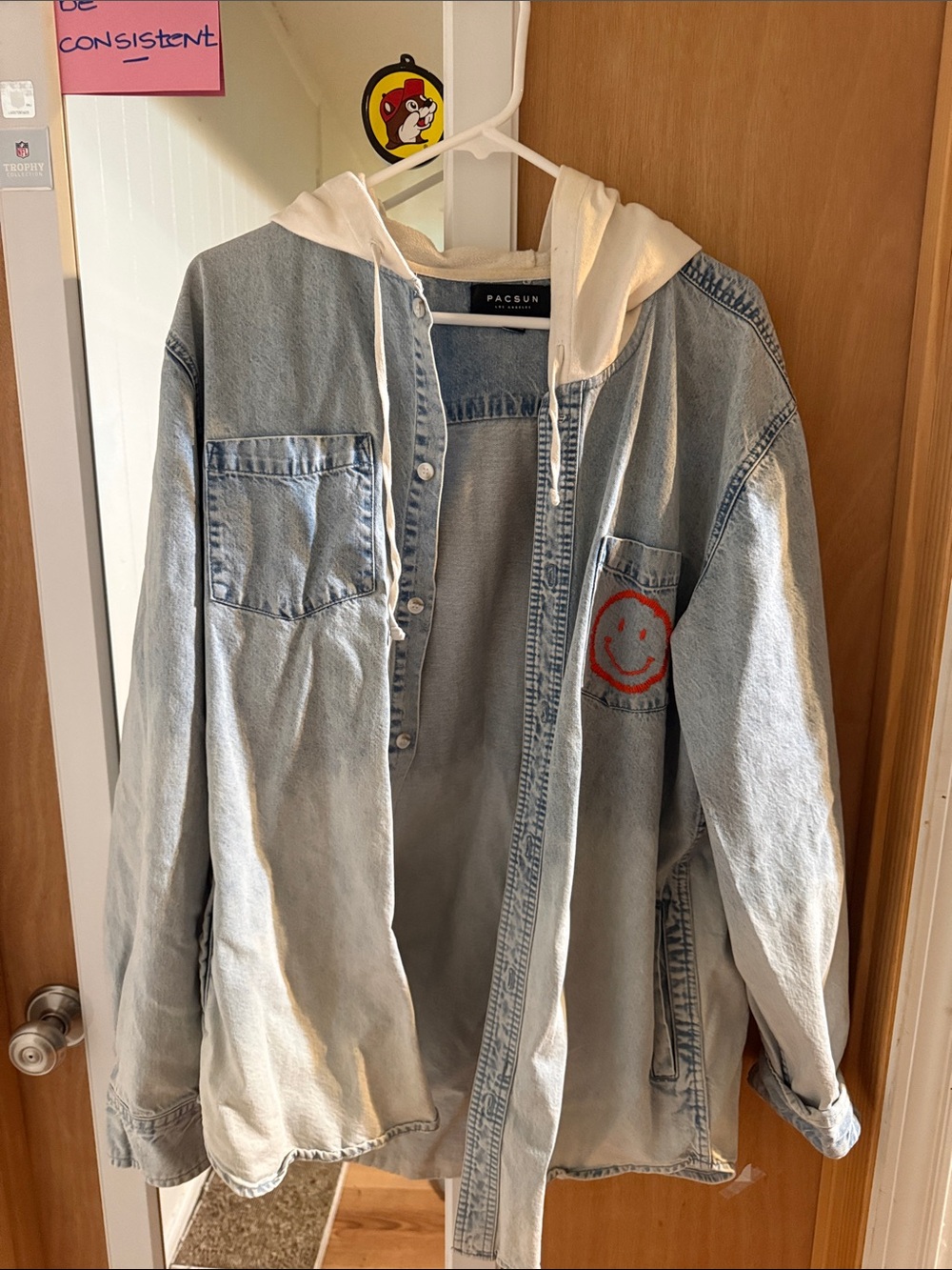 PacSun Light Wash Denim Shirt Jacket with Cream Hood and Red Smiley Patch
